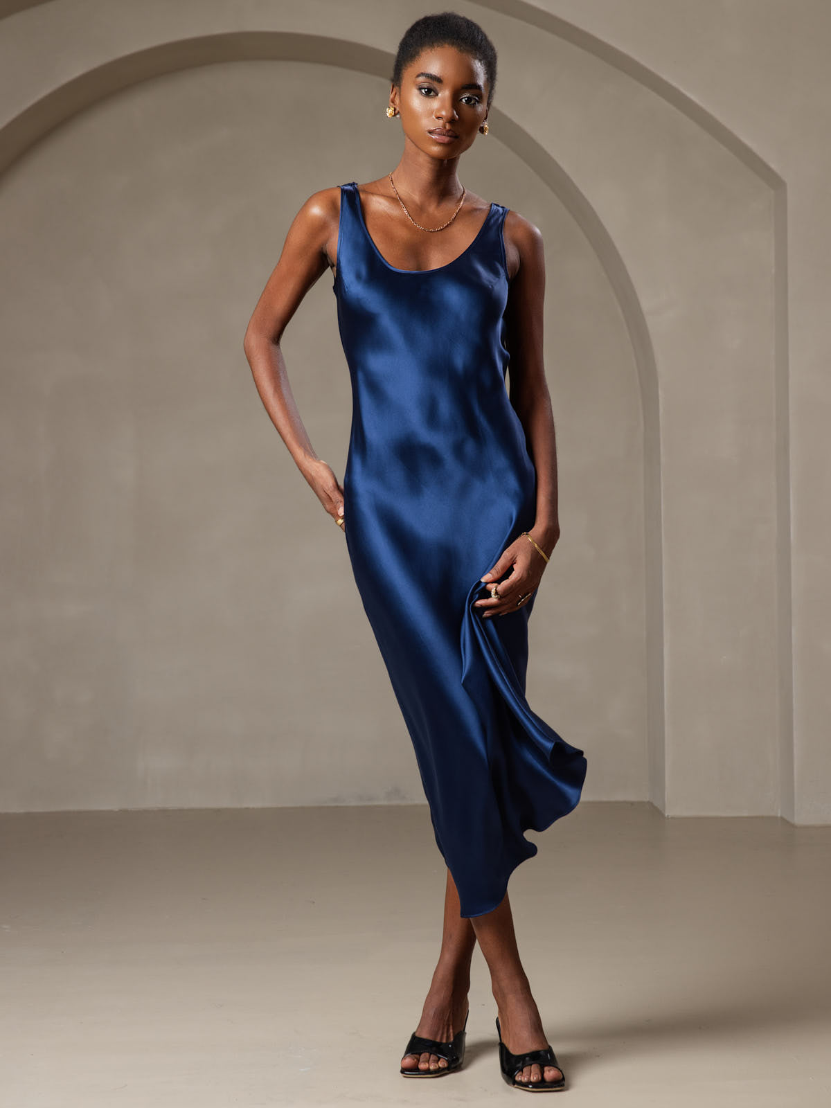 Pure Soie Sangle Larges Sans Manches Longue Robe