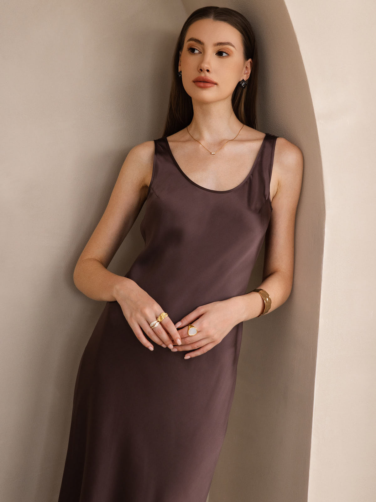 Pure Soie Sangle Larges Sans Manches Longue Robe