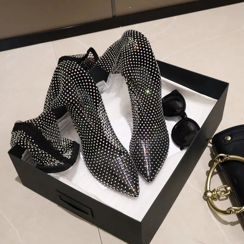 Valentine – cuissardes résille à strass talon aiguille