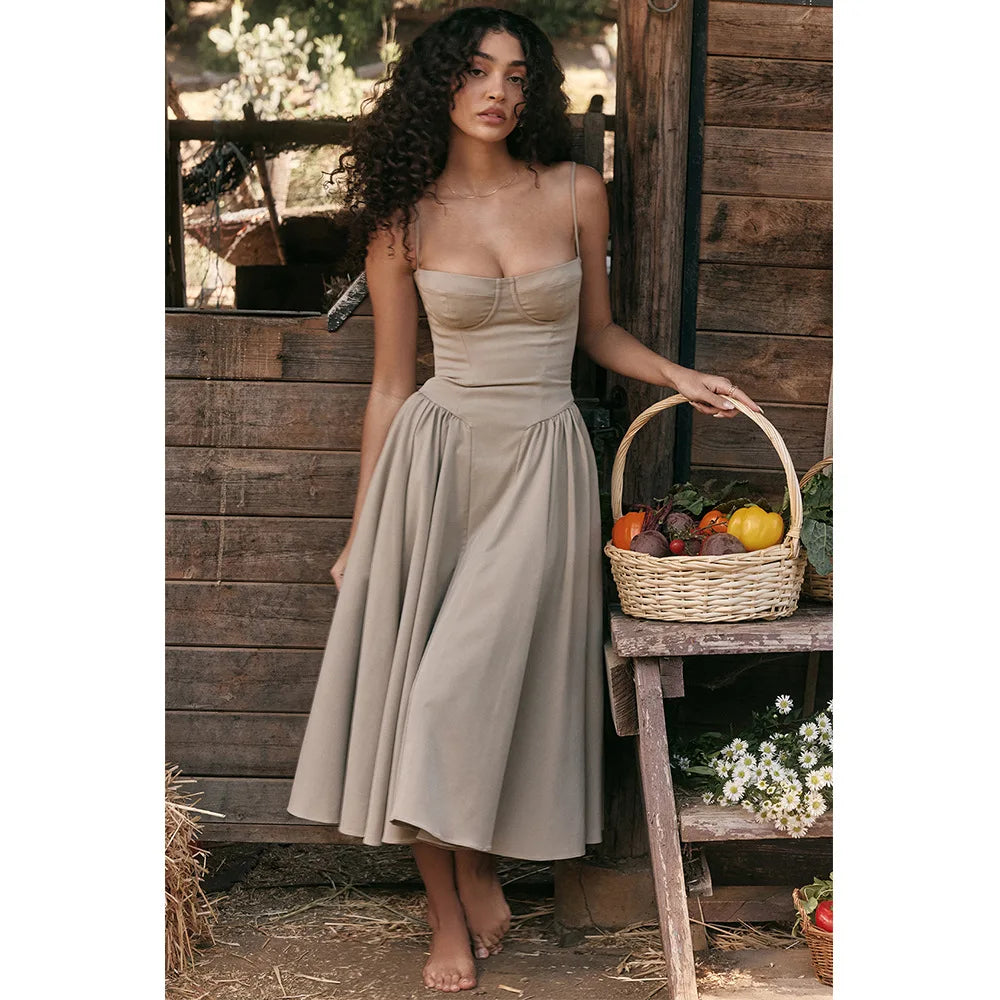 Zéphora – robe midi plissée à bretelles fines