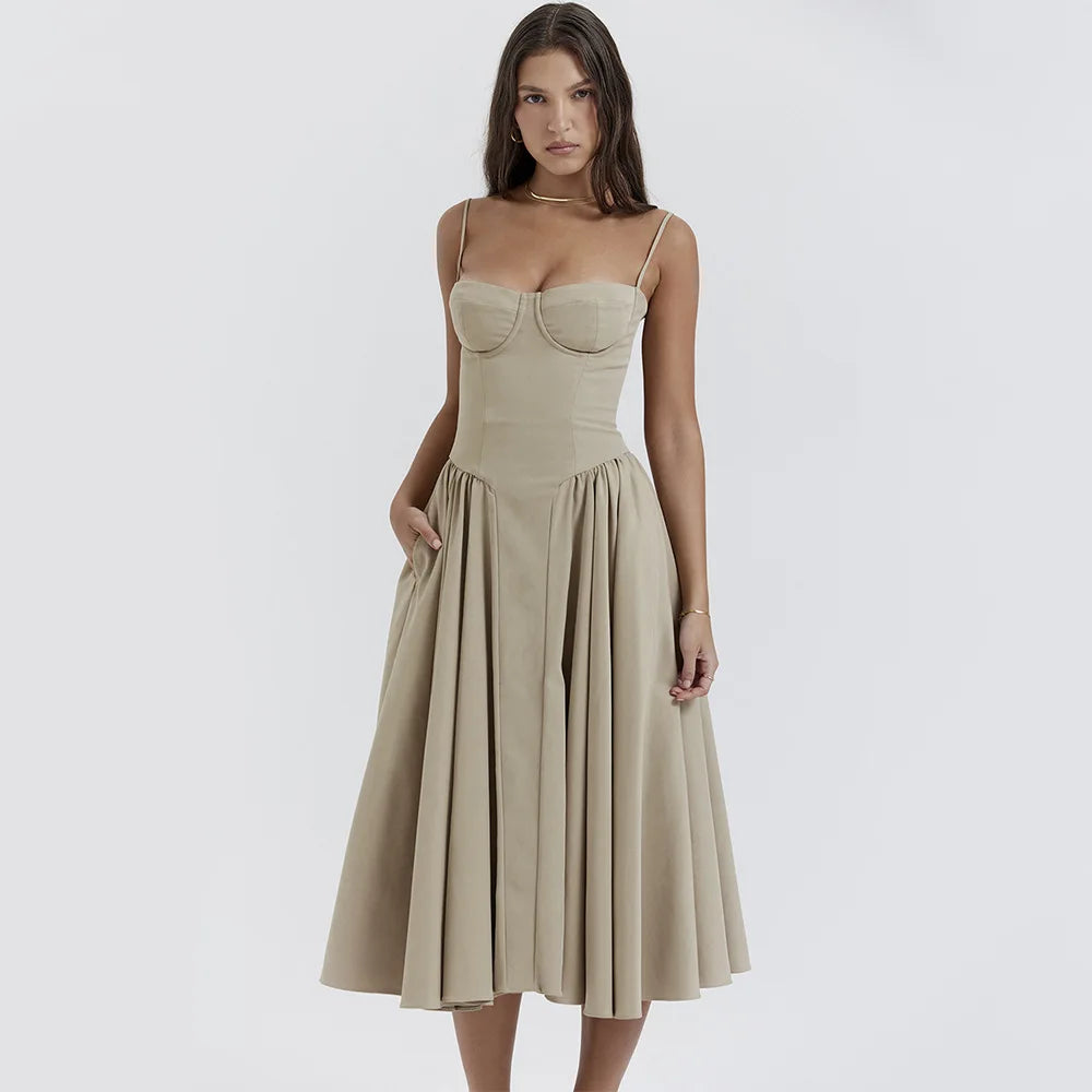 Zéphora – robe midi plissée à bretelles fines