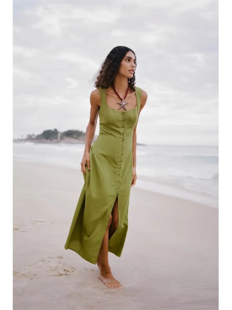 Eloïse – robe longue d’été à col carré boutonnée
