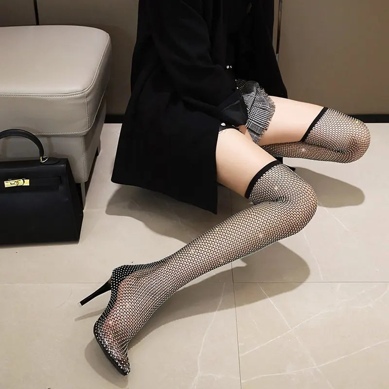 Valentine – cuissardes résille à strass talon aiguille