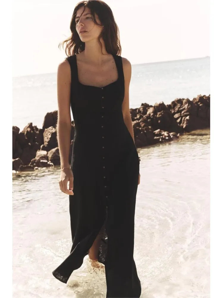 Eloïse – robe longue d’été à col carré boutonnée