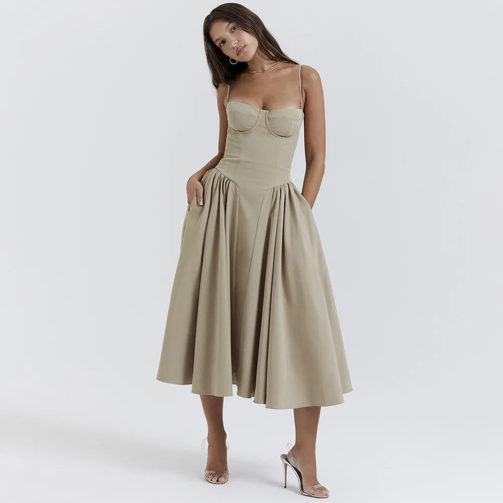 Zéphora – robe midi plissée à bretelles fines