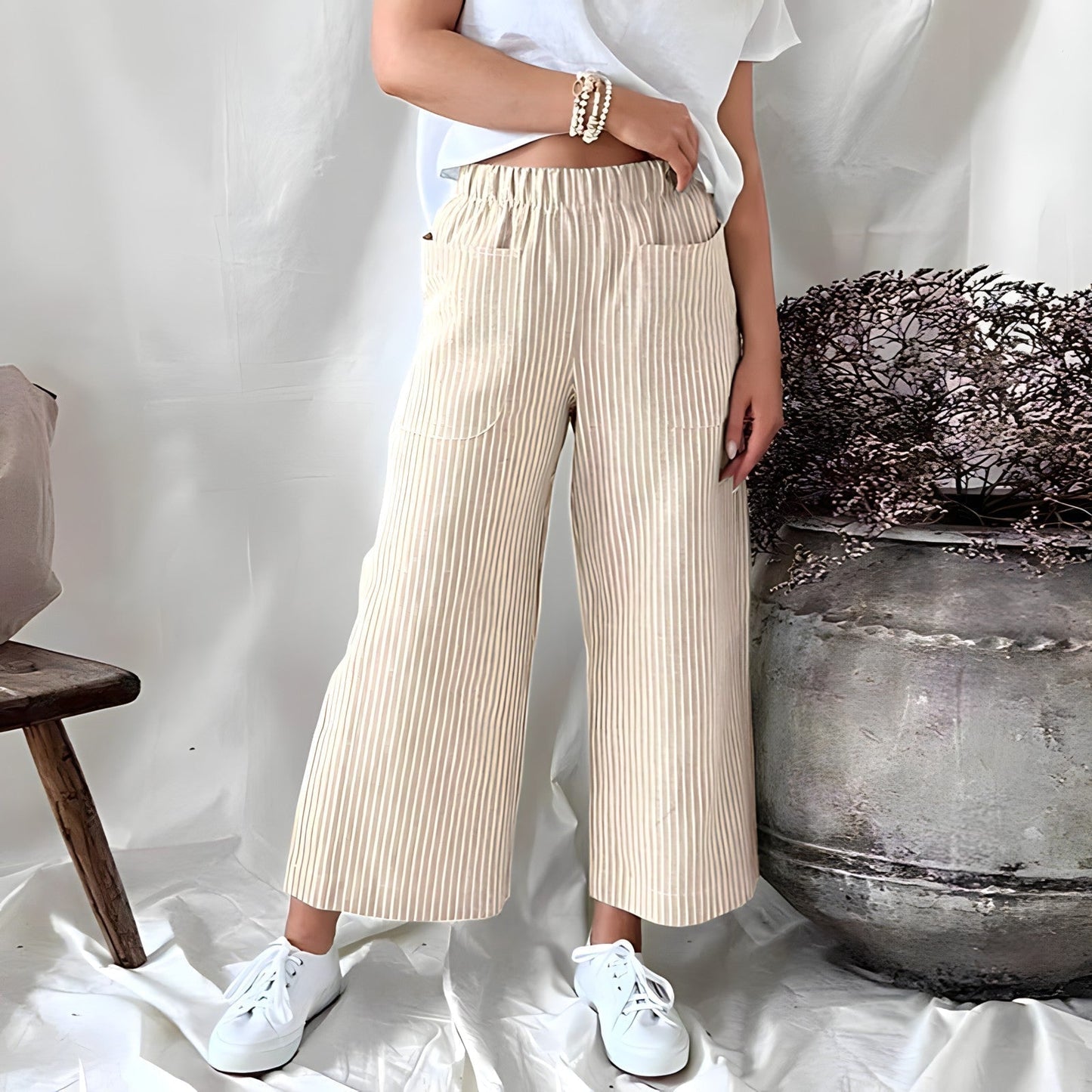 Pantalons rayés pour femmes taille haute élégants