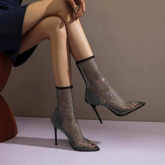 Angélique – bottines résille à strass talons aiguilles chic
