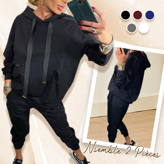 🌷Offre limitée à moitié prix - Ensemble 2 pièces avec haut à capuche à cordon et pantalon 💞 pour femmes