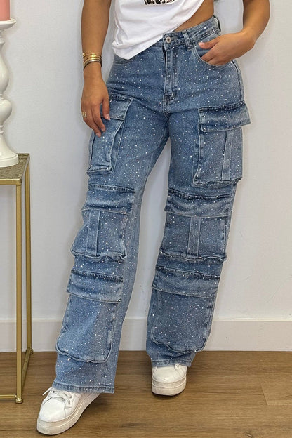 Noémie – jean cargo bijou à jambes larges et allure rebelle