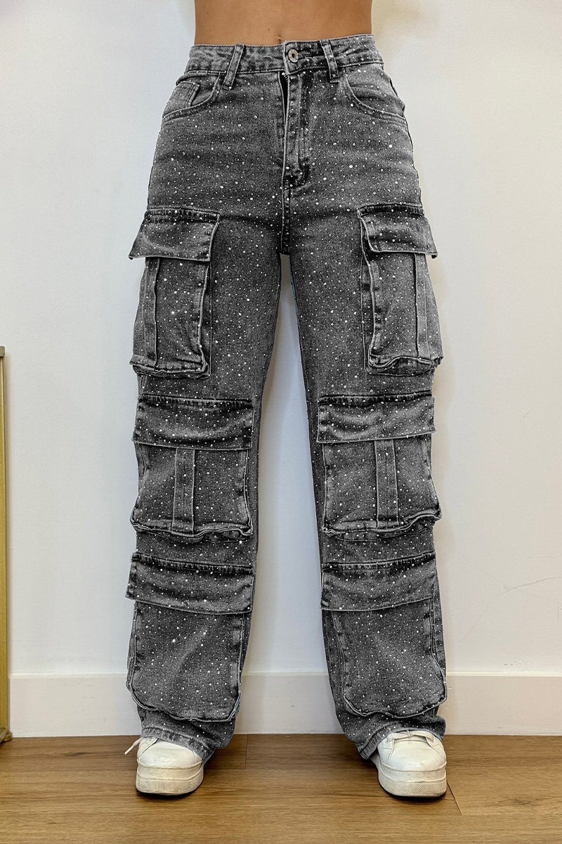 Noémie – jean cargo bijou à jambes larges et allure rebelle