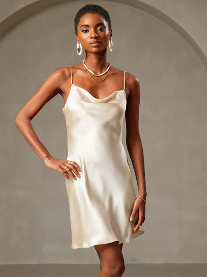 Pure Soie Bretelles Spaghetti Col Bénitier Courte Robe