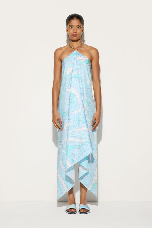 Eula – robe longue satinée à imprimé bleu océan