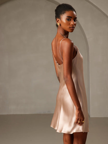 Pure Soie Bretelles Spaghetti Col Bénitier Courte Robe