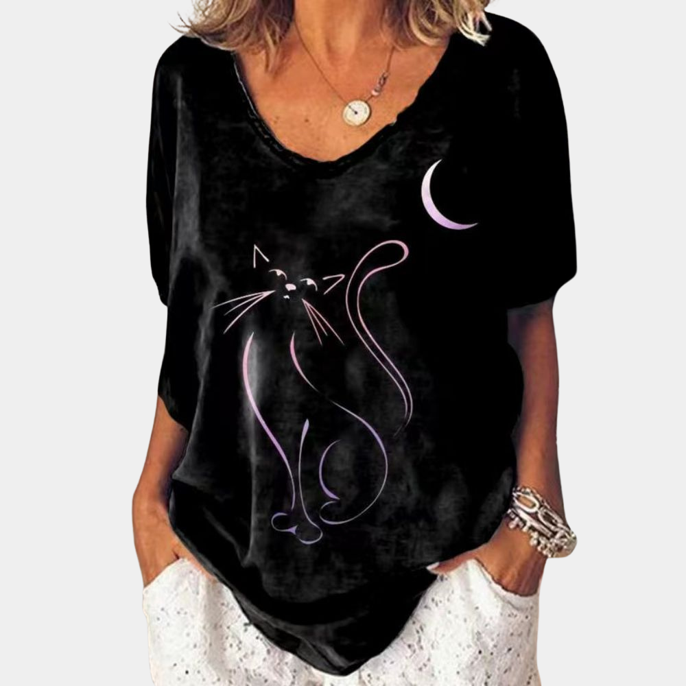T-shirt tendance été en coton imprimé chat pétillant