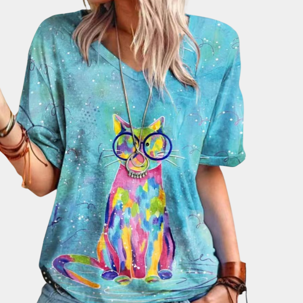 T-shirt tendance été en coton imprimé chat pétillant