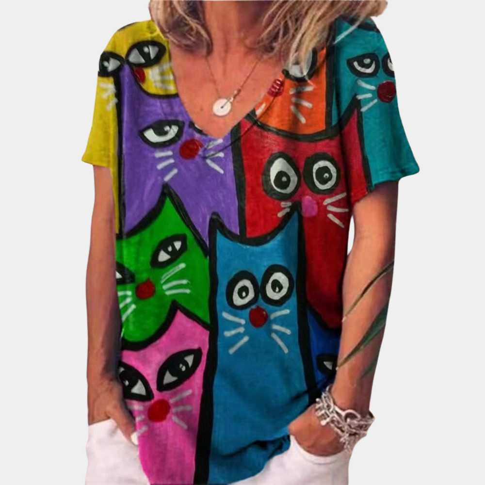 T-shirt tendance été en coton imprimé chat pétillant