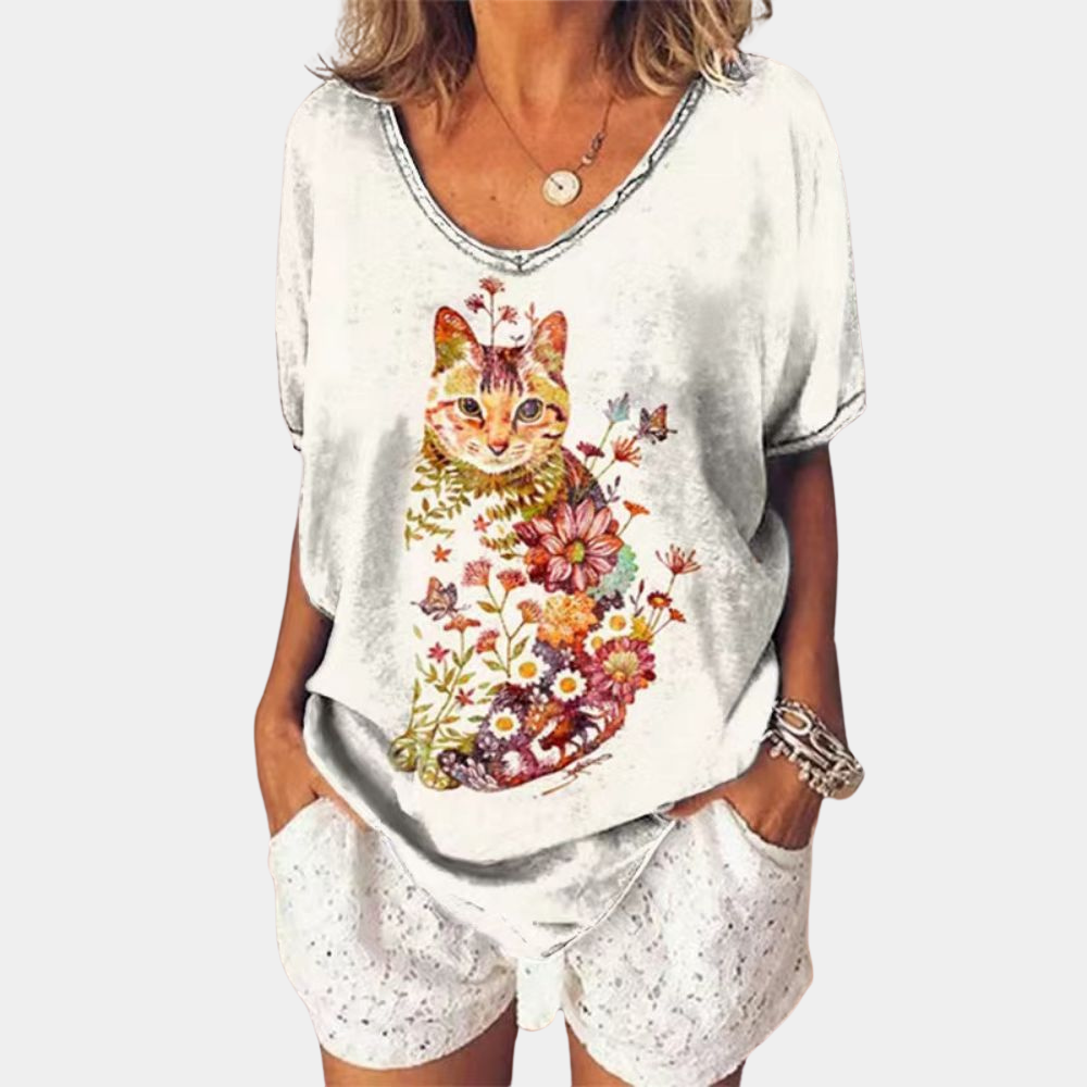 T-shirt tendance été en coton imprimé chat pétillant