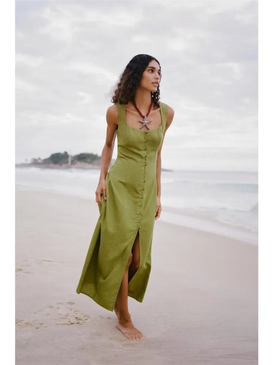 Eloïse – robe longue d’été à col carré boutonnée