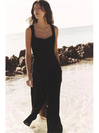 Eloïse – robe longue d’été à col carré boutonnée