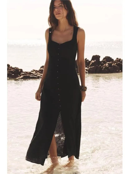 Eloïse – robe longue d’été à col carré boutonnée