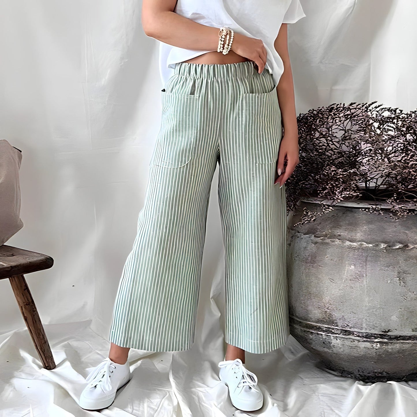 Pantalons rayés pour femmes taille haute élégants