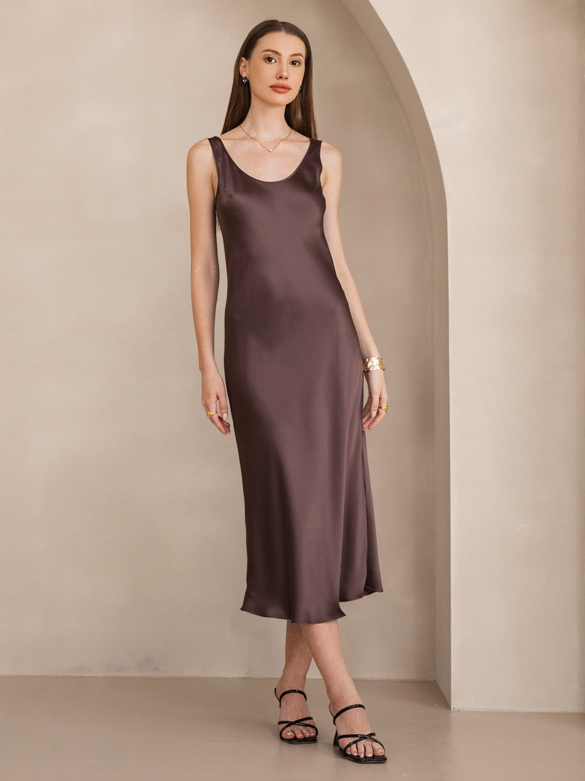 Pure Soie Sangle Larges Sans Manches Longue Robe