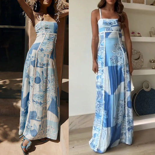 Arielle – robe longue fluide à imprimé azuré